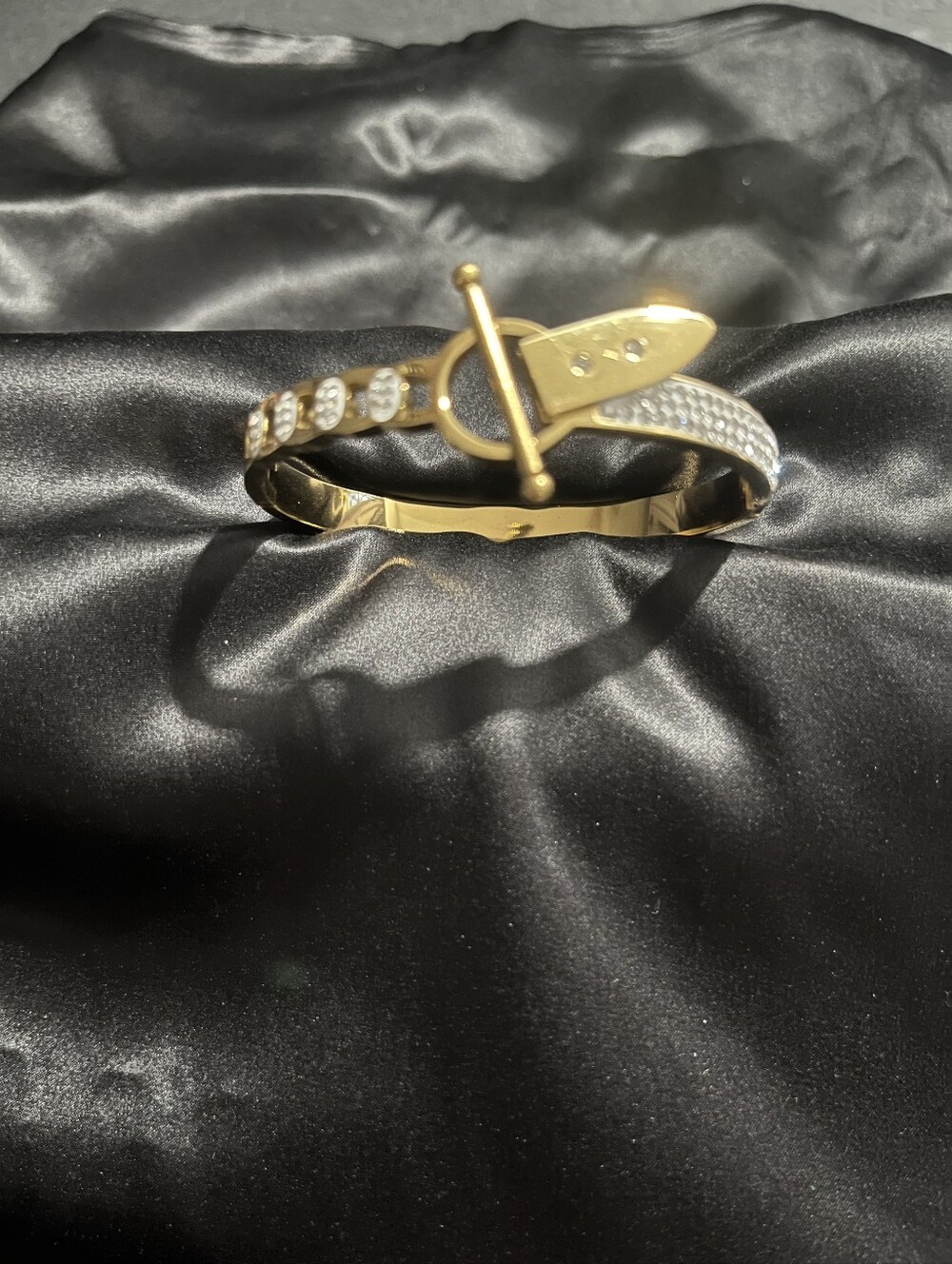 Gold-Filled Leaf Design Bangle Bracelet with Crystal Accents